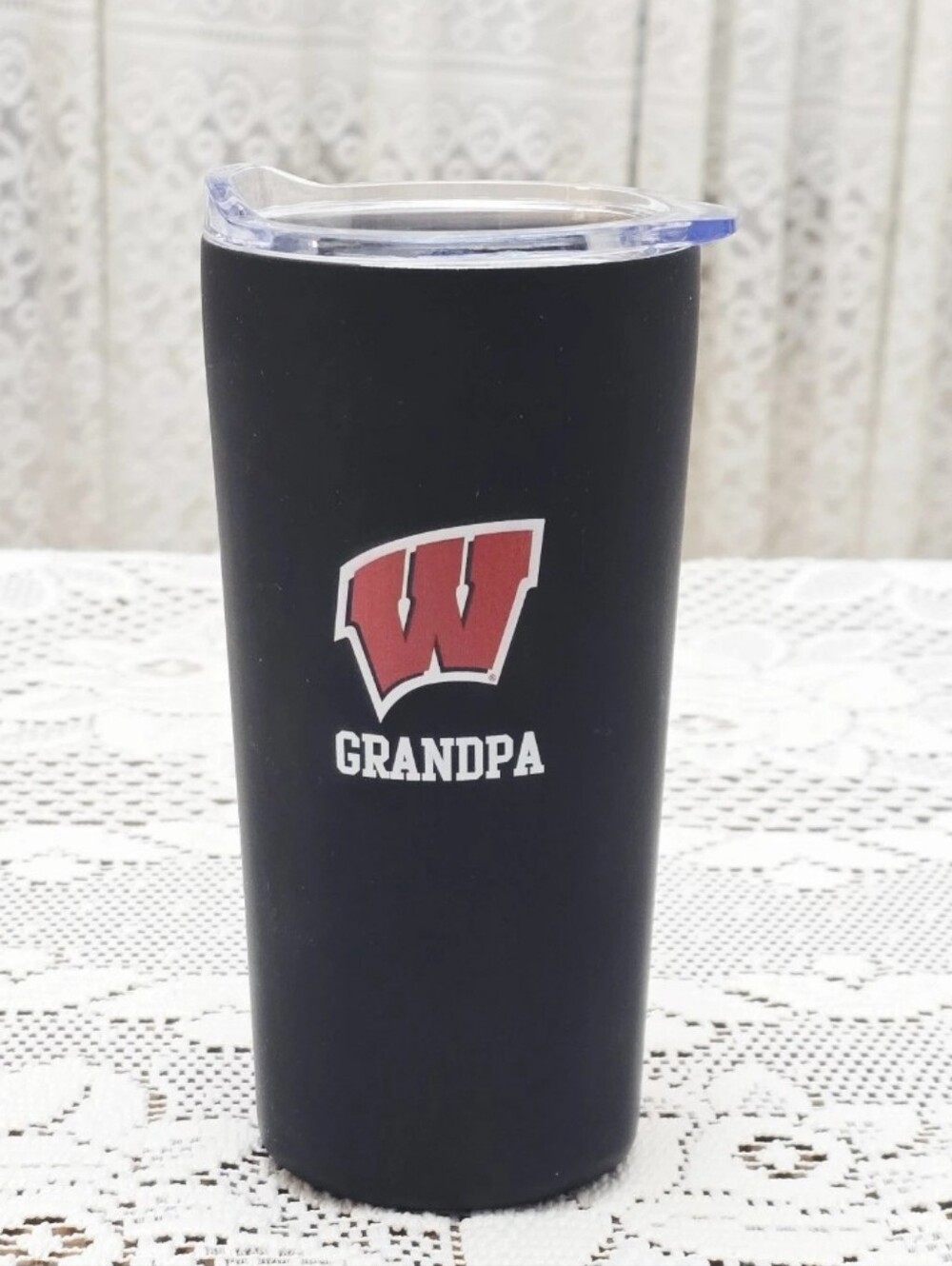 UW Madison Badgers Grandpa Black Matte 7" Travel Mug Tumbler Cup w/Lid (Unused)